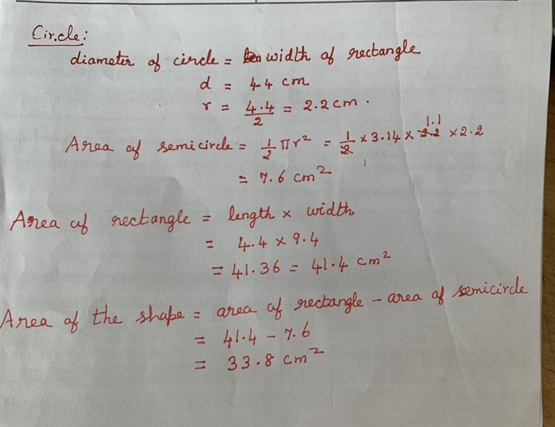 Find the area. A half circle has been removed. See picture for full problem. Please-example-1