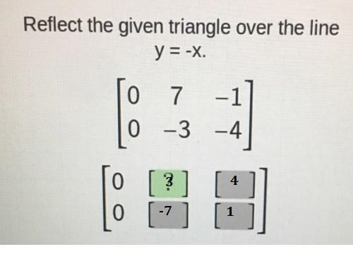 Reflect the given triangle over the liney = -x.Geometric Transformations(matrices-example-1