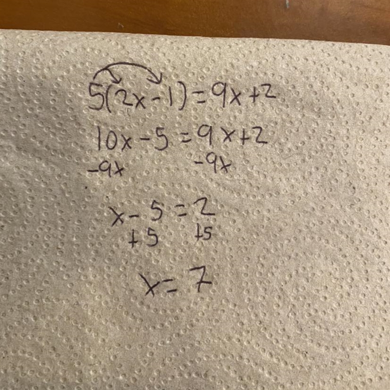 How do you solve 5(2x-1)=9x+2 as a proof?-example-1