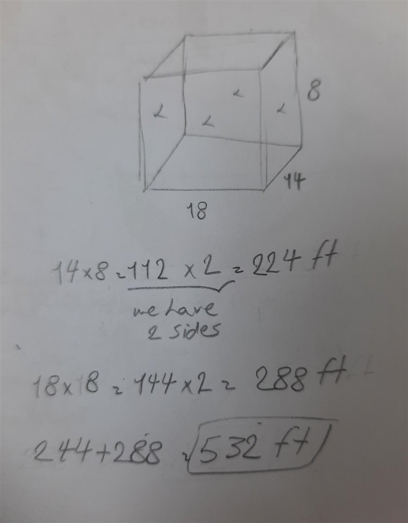 You are painting a room that is 18 ft long, 14 ft wide and 8 ft high. Find the area-example-1