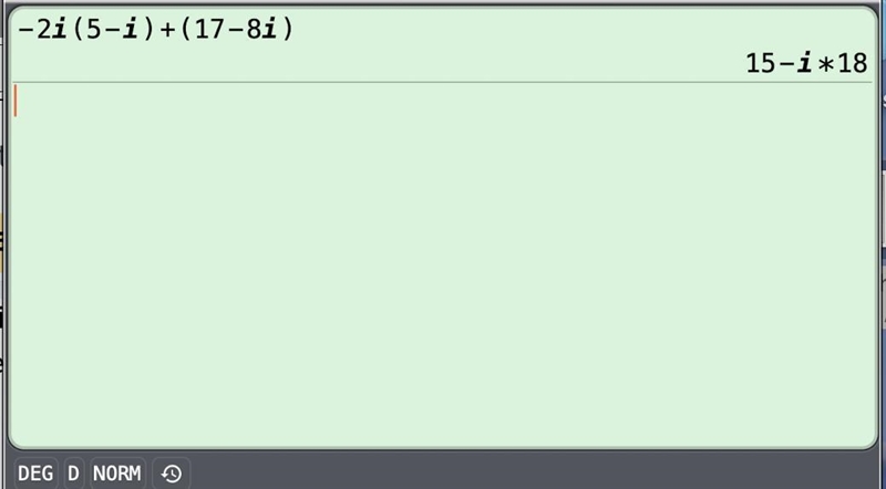 Which expression represents the number -2i(5- i) + (17- 8i) rewritten in a + bi form-example-1