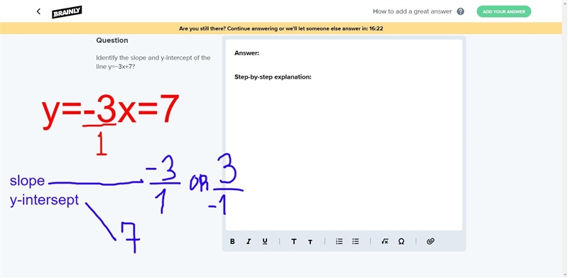 Identify the slope and y-intercept of the line y=−3x+7?-example-1