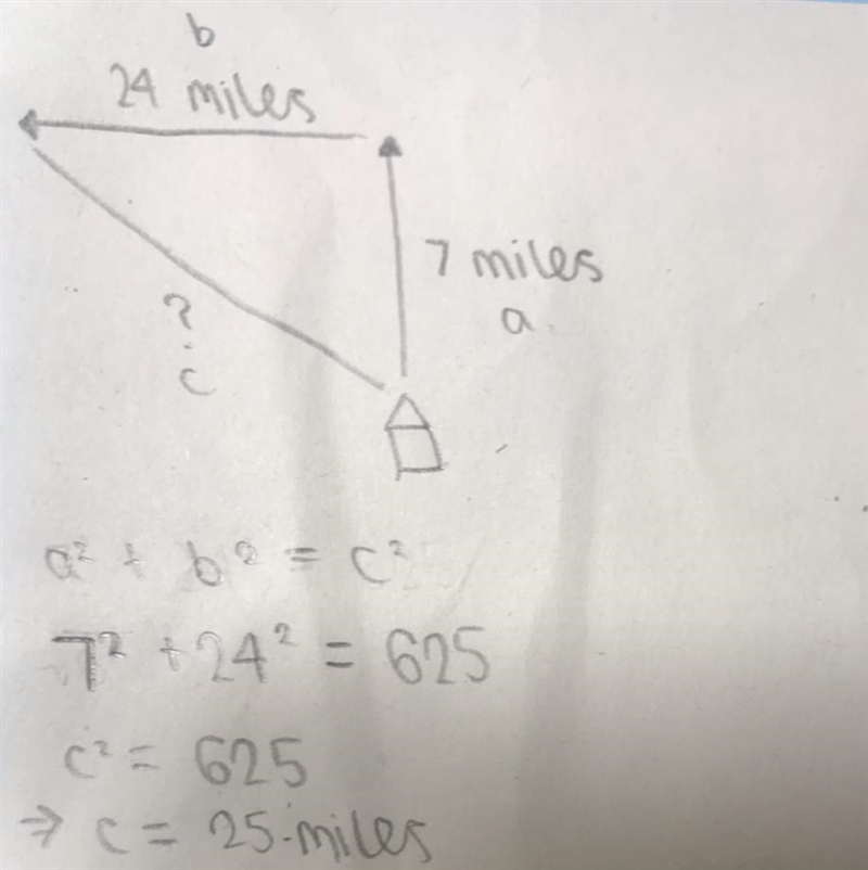 You leave your house and drive 7 miles north, then turn left and drive 24 miles west-example-1