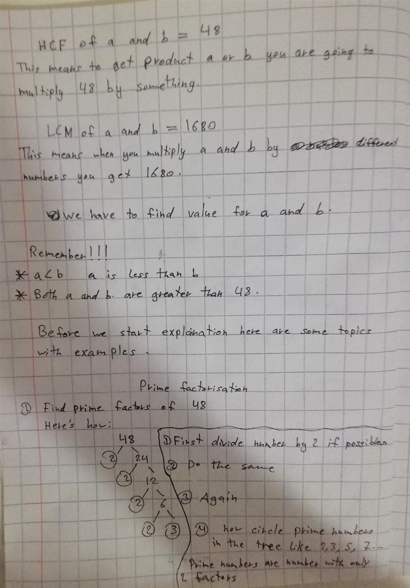 The Highest Common Factor of a and b is 48 and the Lowest Common Multiple is 1680. Given-example-1