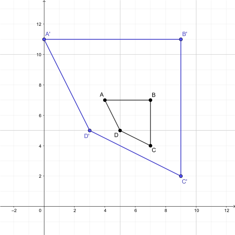 The vertices of shape K are at (4,7), (7, 7), (7,4) and (5, 5). The vertices of shape-example-1