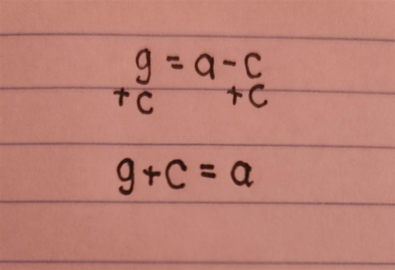 Literal Equations (Solve each equation for the indicated variable) 1.) g= a - c , for-example-1