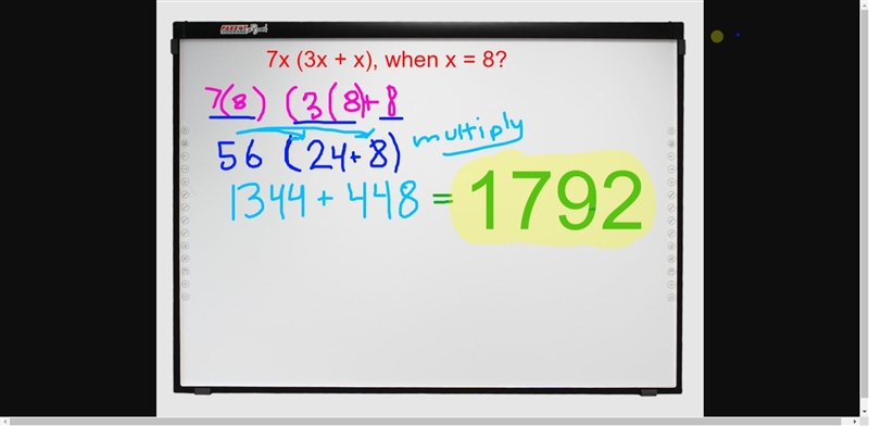 What is the value of 7x (3x + x), when x = 8? (PLEASE show work/include image) or-example-1