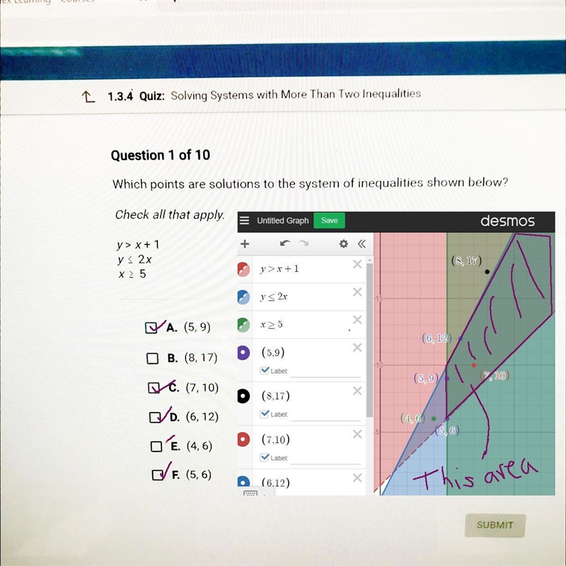 Y > x + 1 y < 2x x 2 >5 Which points are solutions to the system of inequalities-example-1