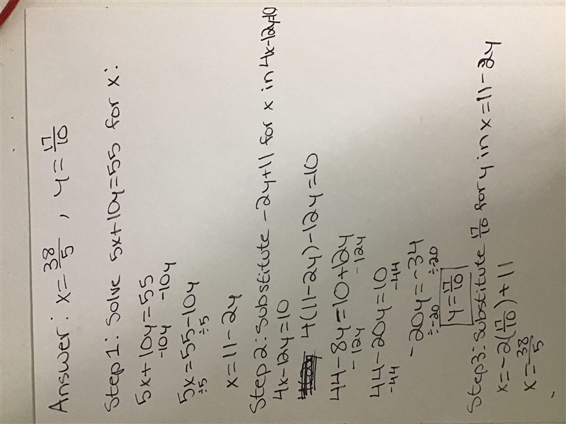 Hello thee please solve my question Find the value of x and y If 5x+10y=55 4x-12y-example-1