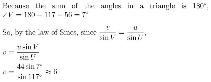 In ΔUVW, u = 44 inches, ∠W=56° and ∠U=117°. Find the length of v, to the nearest inch-example-1