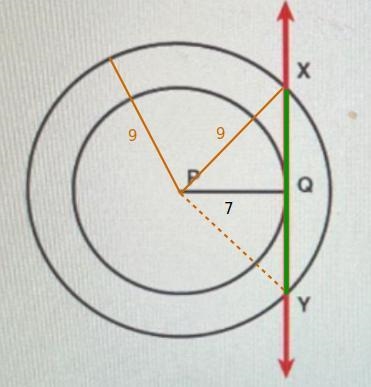 Line X Y is a secant to the larger circle and is tangent to the smaller circle at-example-1