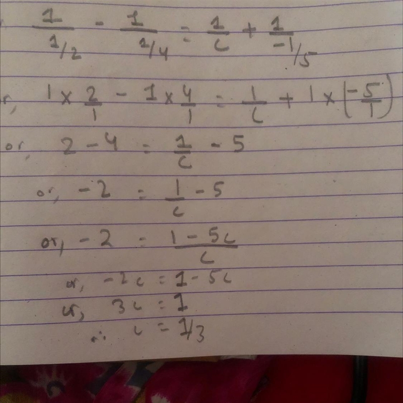 If (1)/(a) - (1)/(b) = (1)/(c) + (1)/(d) find the value of c when a = (1)/(2) \: b-example-1