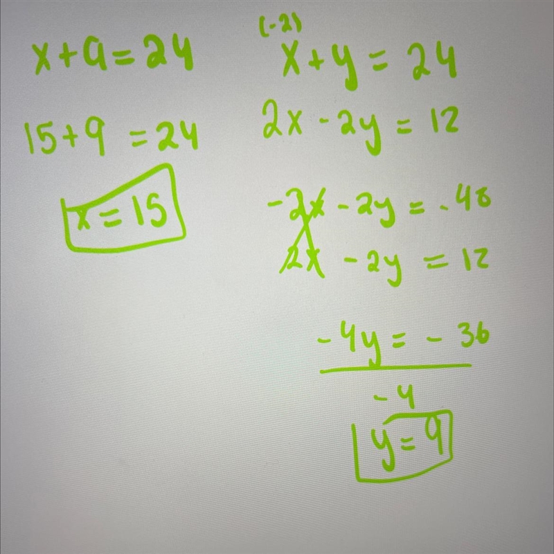 Solving system ot linear equation by the elimination method x+y=24 2x-2y=12​-example-1