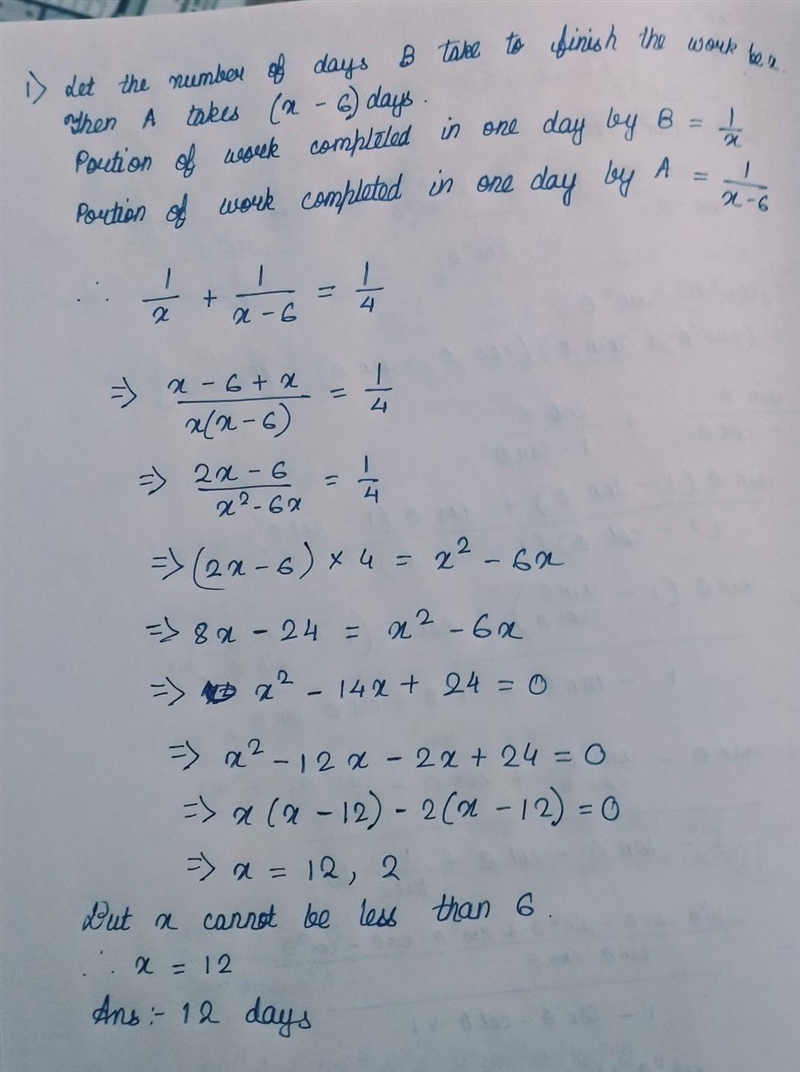 A takes 6 days less than B to finish a piece of work. If both A and B together can-example-1