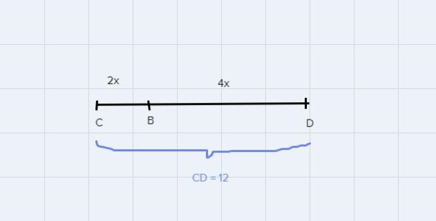 CB = 2x, BD = 4x and CD = 12. What is the value for x and BC if B is between C and-example-1