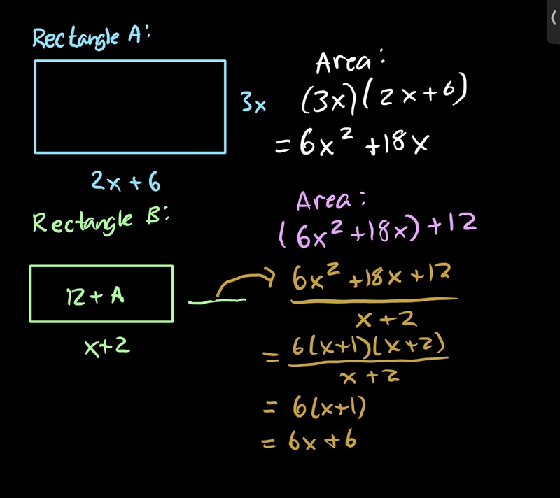 Rectangle A has length 2x + 6 and width 3x. Rectangle B has length x + 2 and an area-example-1