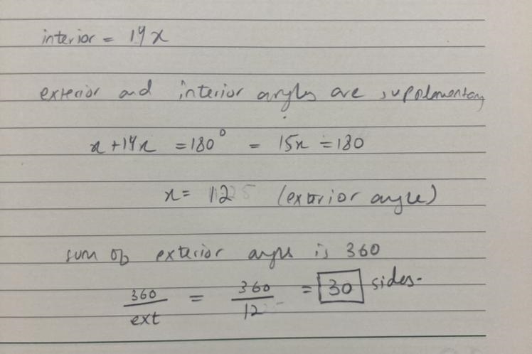 The interior angle of a regular polygon is 14 times larger than the exterior angle-example-1