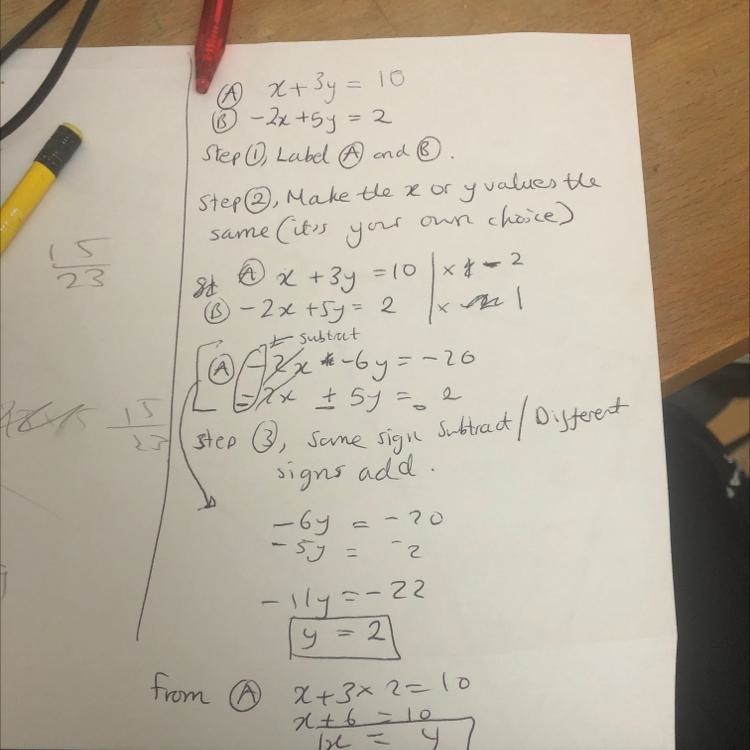 X + 3y = 10 -2x + 5y = 2 Simultaneous Equations I dont understand how to do it can-example-1