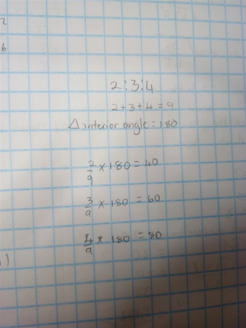 The ratio of the interior angles of a triangle is 2 : 3 : 4. What are the angle measures-example-1