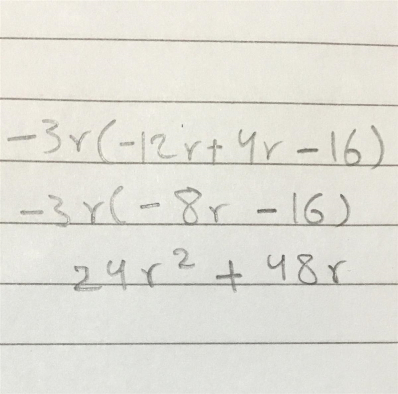 Simplify -3r(-12r + 4r - 16) please!!-example-1