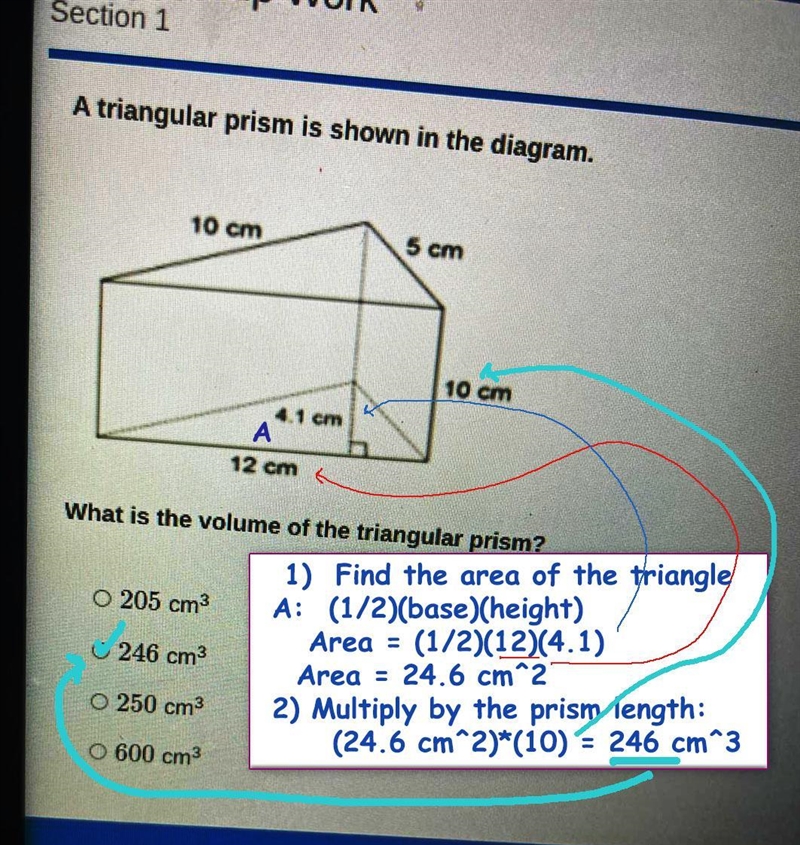 A triangular prism is shown in the diagram. 10 cm 5 cm 10 cm 4.1 cm 12 cm What is-example-1