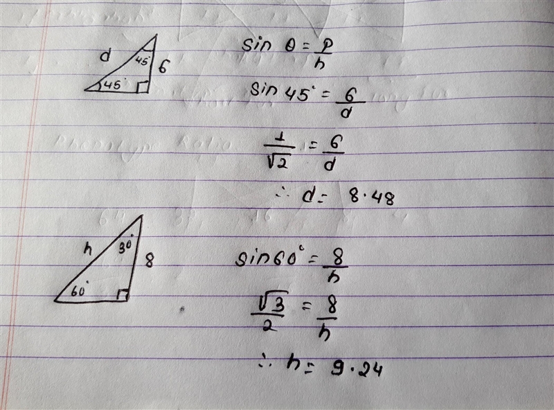 Right triangles below, find the values of the lengths d and h. Round your answers-example-1