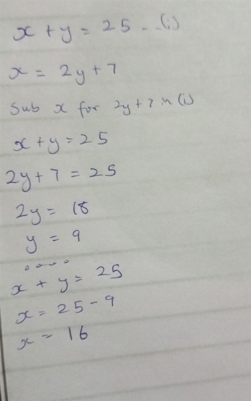 The sum of two numbers is 25. One number is twice the second number plus seven. What-example-1