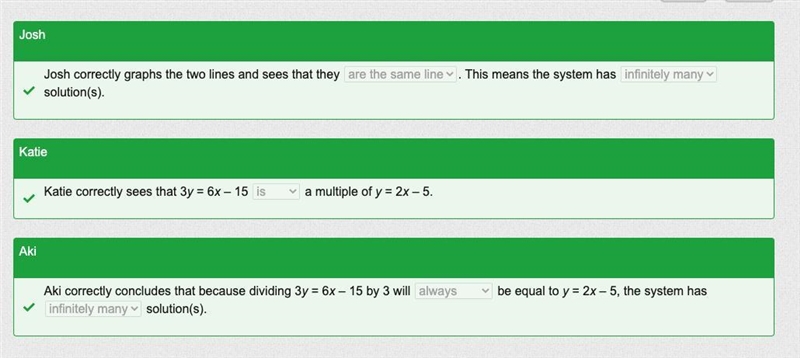 Three students are working to find the solution set of this system of equations: y-example-1