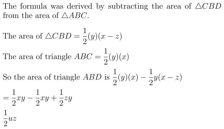 The area of triangle ABD above can be found using the formula ​Area= xy/2 - (x-z)y-example-1