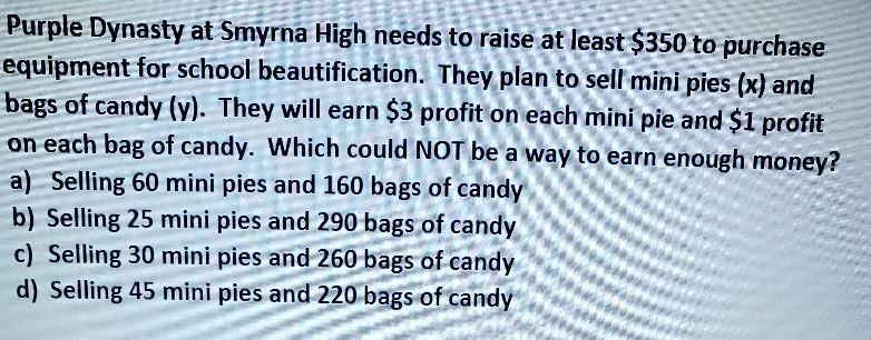 Purple Dynasty at Smyrna High needs to raise at least $350 to purchase equipment for-example-1