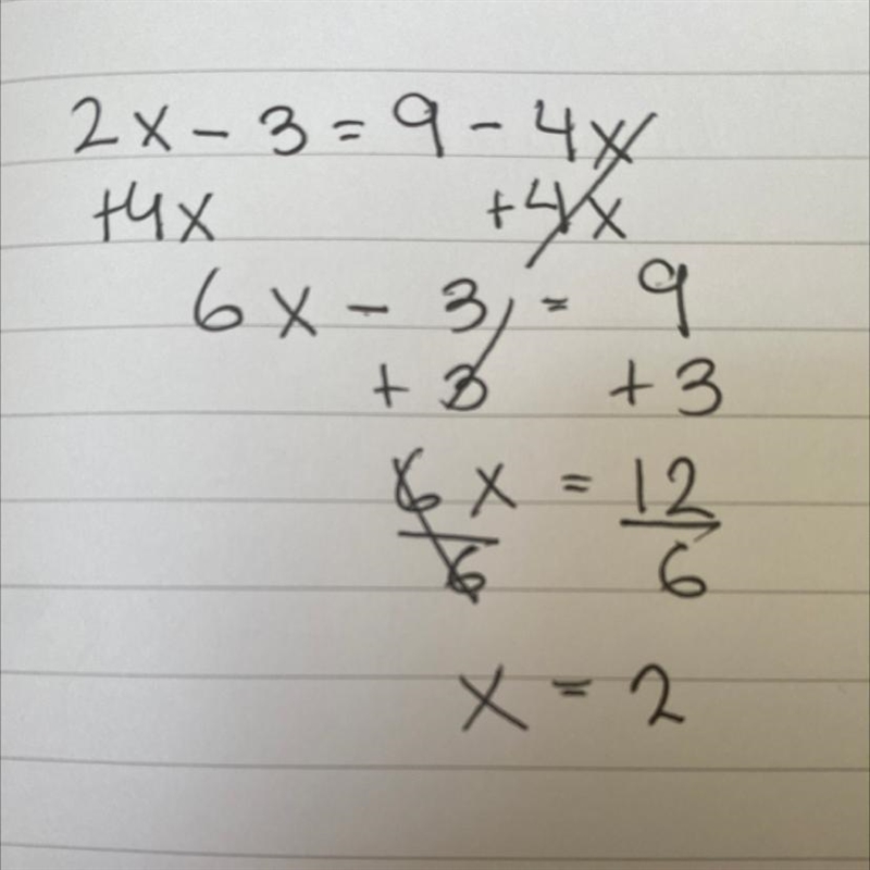 What is the value of x in the equation 2x - 3 = 9 - 4x ?-example-1