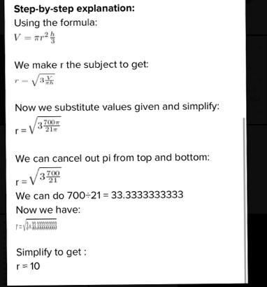 The volume of a right cone is 700units. If its height is 21 units, find its diameter-example-1