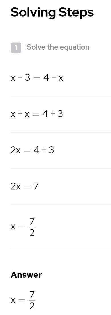 Solve the following equation x-3=4-x-example-1