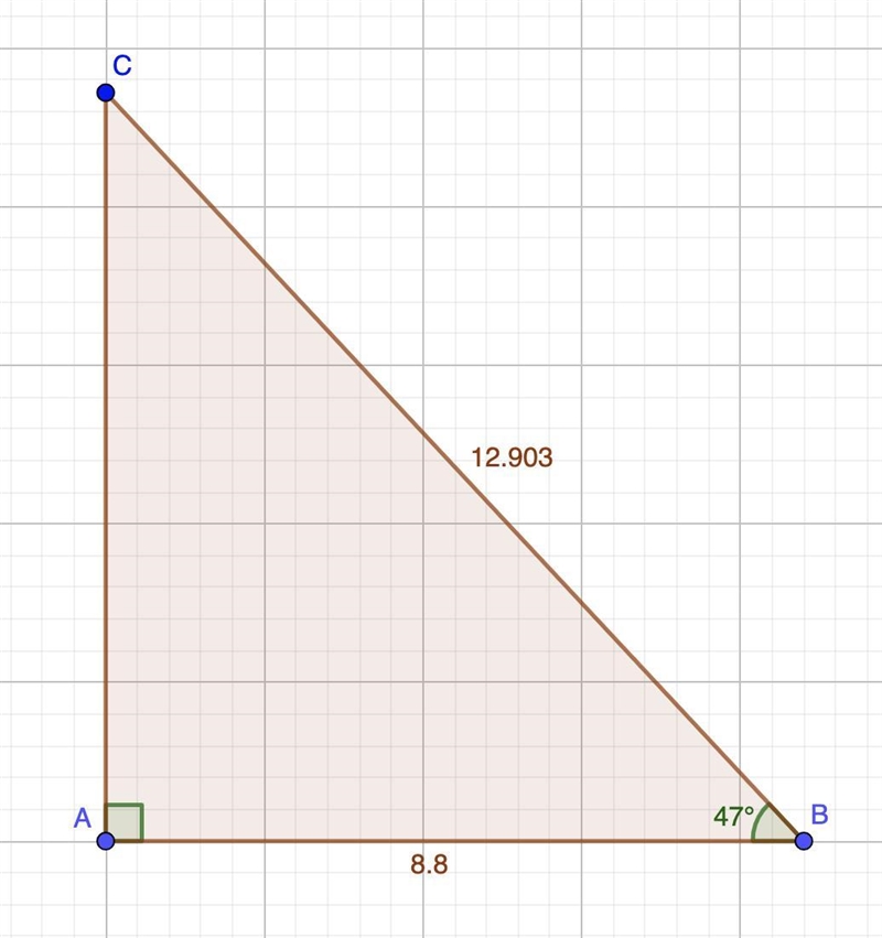 A, B & C form the vertices of a triangle. ∠ CAB = 90°, ∠ ABC = 47° and AB = 8.8. Calculate-example-1