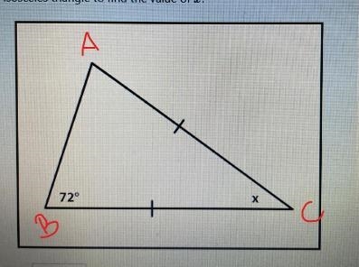 Instructions: Use the image and your knowledge of the isosceles triangle to find the-example-1