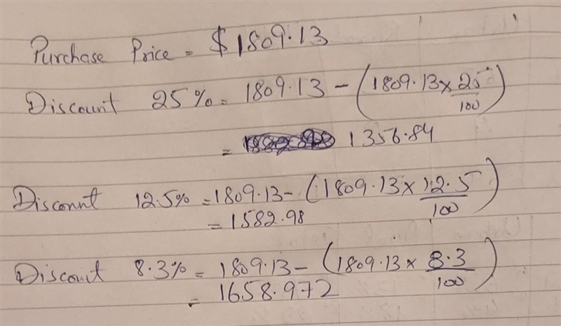 An invoice shows a net purchase price of $1809.13 after the subtraction of discounts-example-1