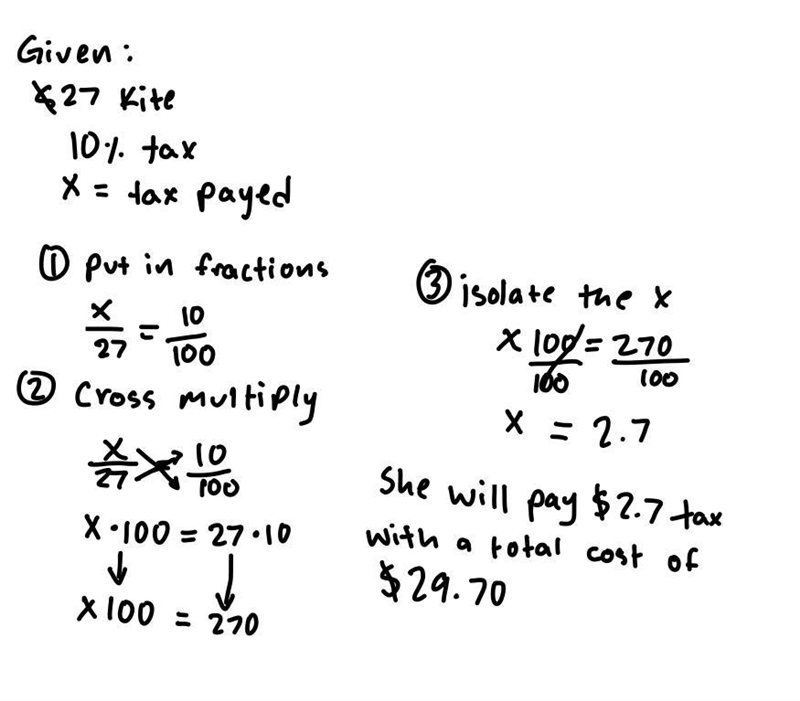 Marie buys a kite priced at $27. If the sales tax is 10%, how much tax will Marie-example-1