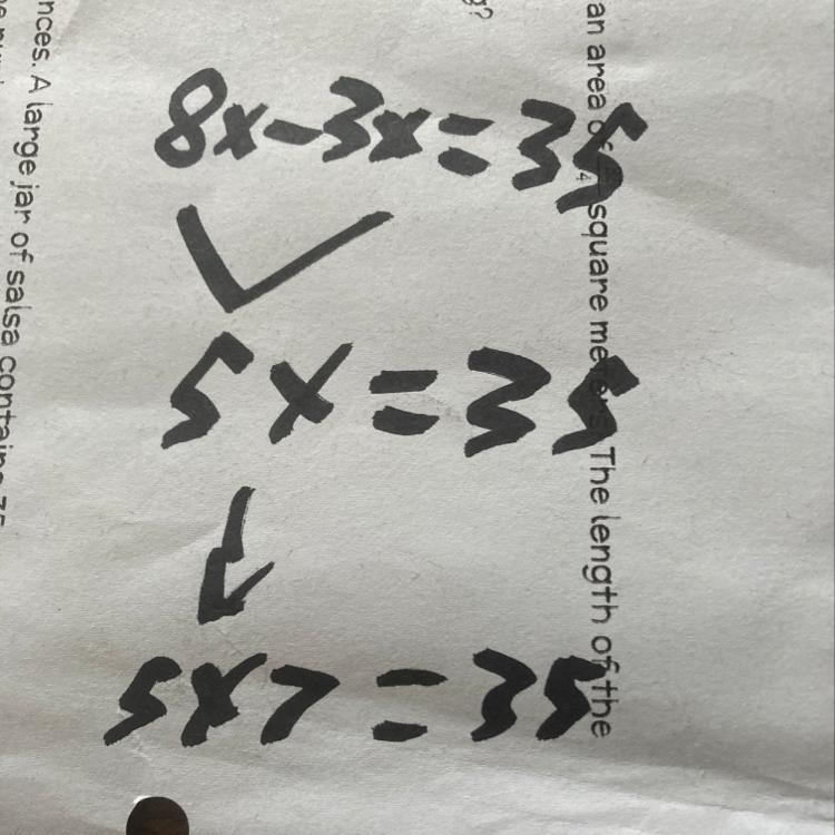 Solve for x. 8x-3x=35 Simplify your answer as much as possible. X =-example-1