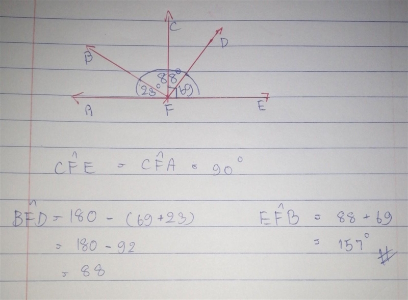 Given that /CFE ≅ /CFA, m/AFB = 23°, and m/EFD = 69°, find /EFB-example-1