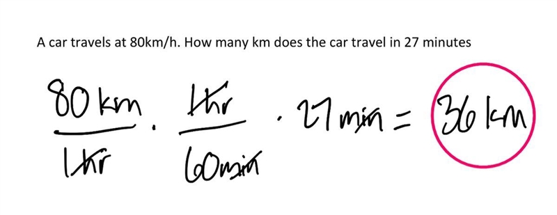 A car travels at 80km/h. How many km does the car travel in 27 minutes-example-1