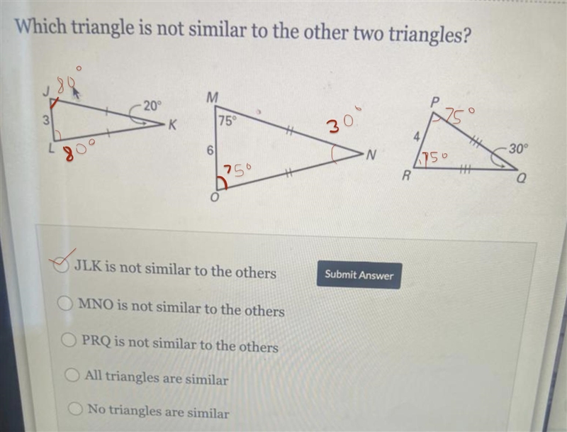 Which triangle is not similar to the other two triangles?-example-1