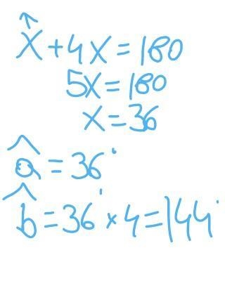 Find two supplementary angles if the measure of the first is four times the second-example-1