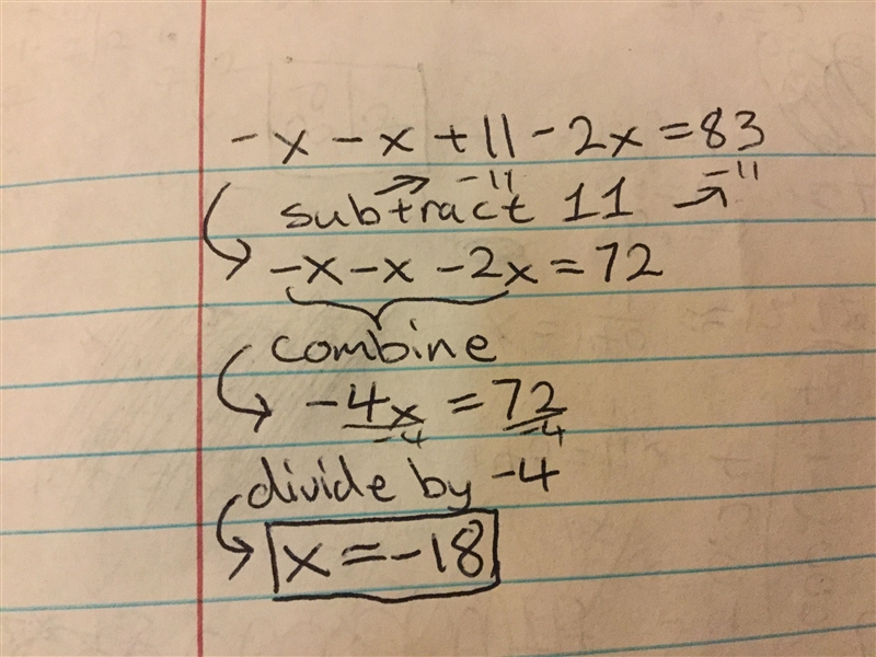 - x - x + 11 - 2x = 83 please show step by step!!​-example-1