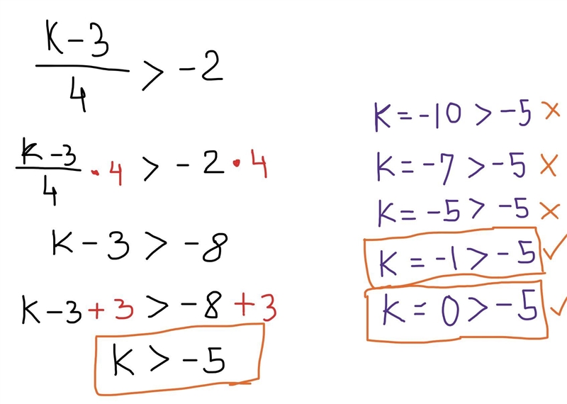 Which values are solutions to StartFraction k minus 3 Over 4 EndFraction >–2? Select-example-1