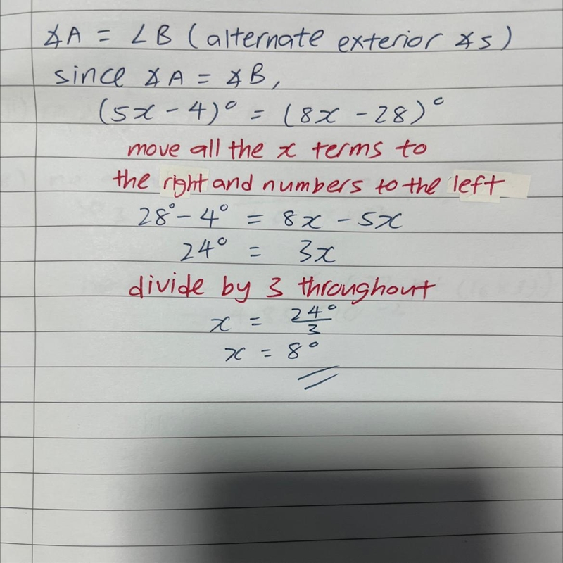 A pair of parallel lines is cut by a transversal. If m∠A = (5x − 4)° and m∠B = (8x-example-1