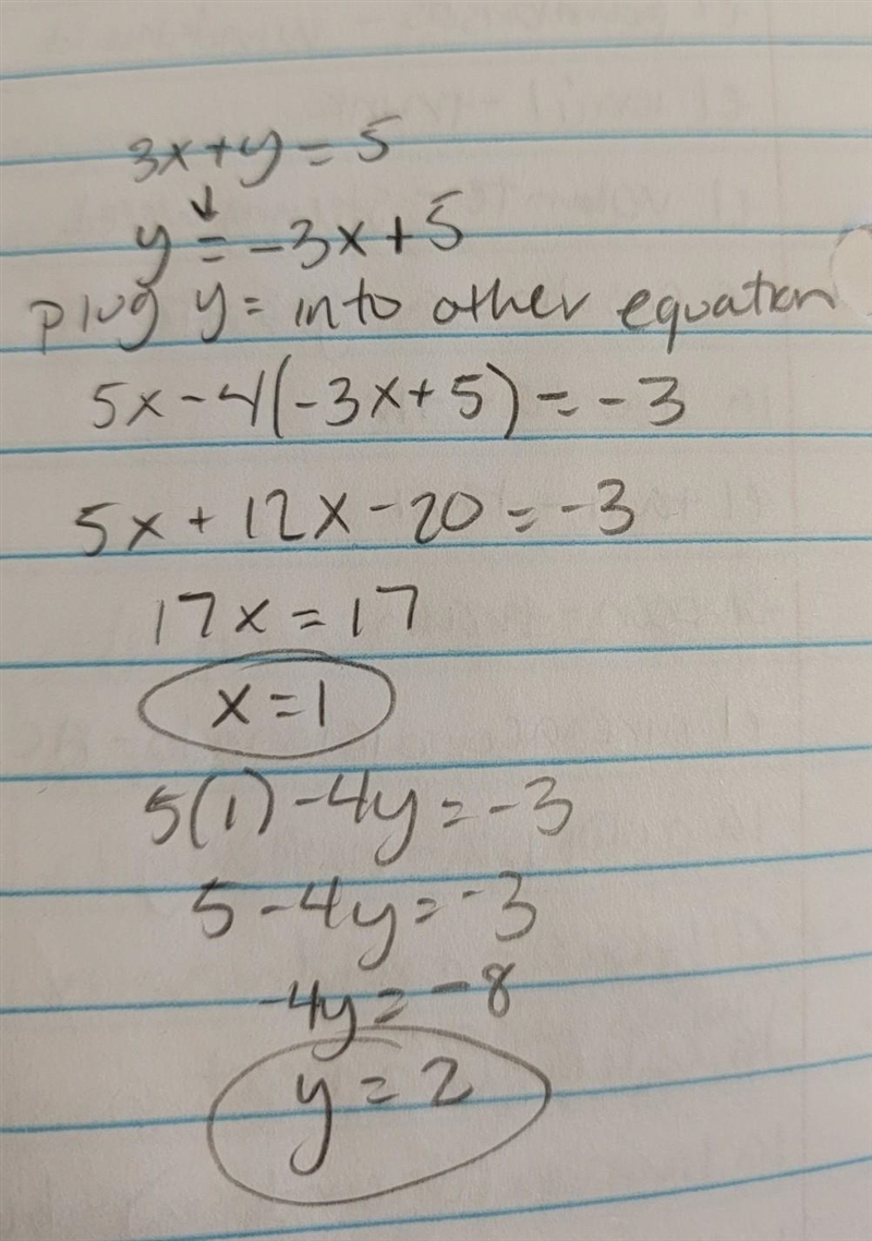 Solve the following system of linear equations algebraically. 3x + y = 5 5x – 4y = -3-example-1