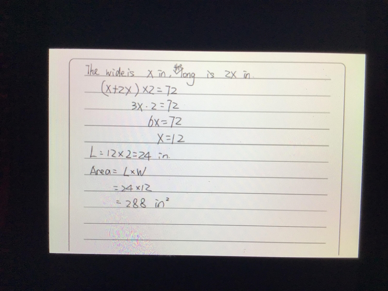 A rectangle with a perimeter of 72 inches is half as wide as it is long. What is the-example-1