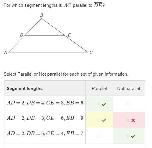 For which segment lengths is AC parallel to DE-example-1