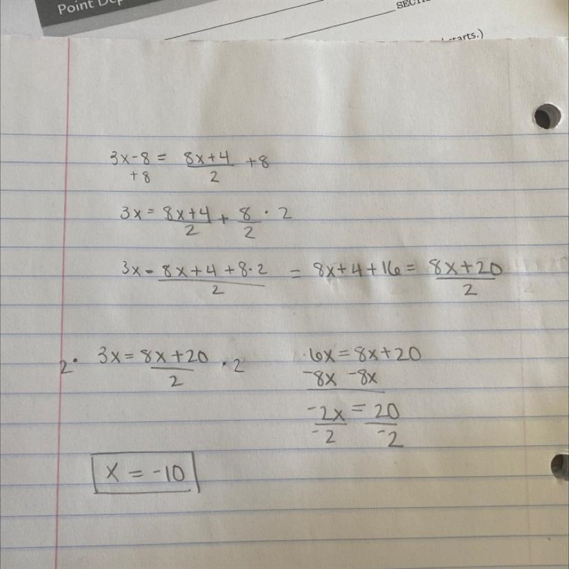 What is the value of x? ----What is the value of x? 3x−8=(8x+4)/2 i need awnser quick-example-1