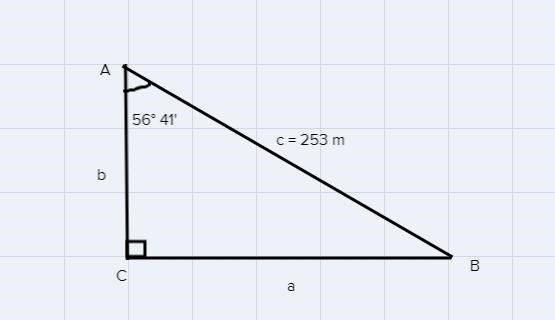 Solve for the right triangle.A=56° 41’, c= 253m, C=90°Draw the right triangle.Round-example-1